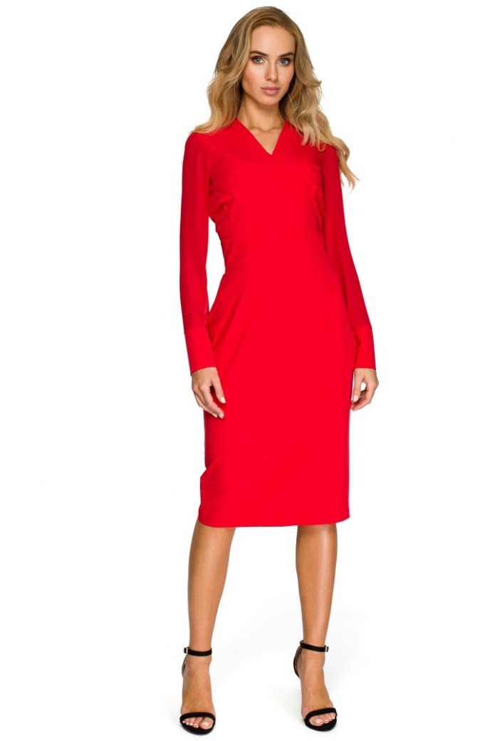 Sukienka Midi - Ołówkowa Z Długim Rękawem - czerwona